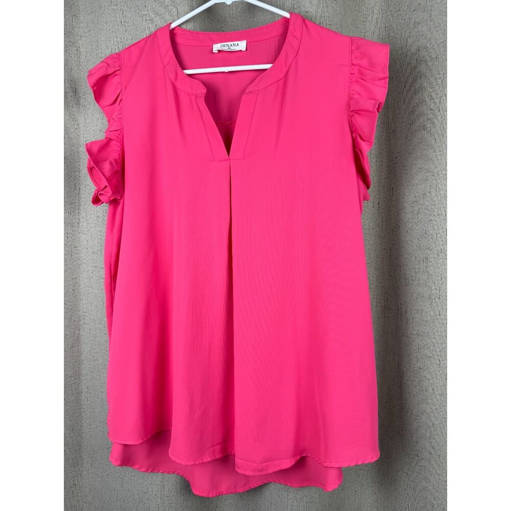 Zenana Womens Flutter Sleeve Blouse Size XL Hot Pink Flowy Split Neck Top - Picture 2 of 5